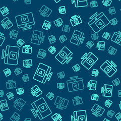 Fototapeta na wymiar Green line Online play video icon isolated seamless pattern on blue background. Computer monitor and film strip with play sign. Vector Illustration