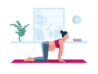 Young pregnant girl doing sport at home. Prenatal yoga exercise on cat pose. Flat vector illustration.