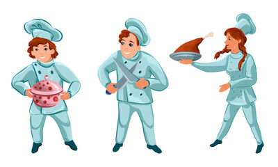 Men and woman professional cooks in special uniform during work vector illustration