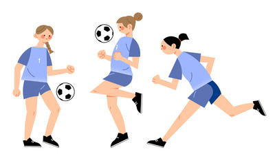 Young girls football players in uniform playing football outdoors vector illustration