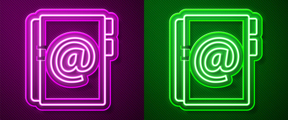 Glowing neon line Address book icon isolated on purple and green background. Notebook, address, contact, directory, phone, telephone book icon. Vector Illustration