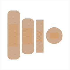 Set of universal beige cut wound antibacterial patch for accident on an isolated white background. Concept design of medicine and healthcare. Help with pain against bacteria. Vector graphics.