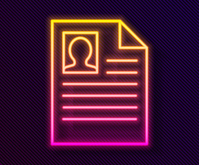 Glowing neon line Resume icon isolated on black background. CV application. Searching professional staff. Analyzing personnel resume. Vector Illustration