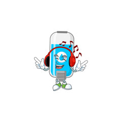 Cartoon mascot design wall hand sanitizer enjoying music with headset