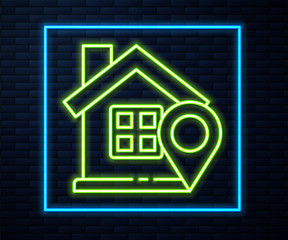 Glowing neon line Map pointer with house icon isolated on brick wall background. Home location marker symbol. Vector Illustration
