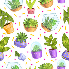 Vector stock tropical seamless pattern with succulents and cactuses in florariums and pots. Urban jungle texture. Simple background for apparel, wrapping paper, prints.