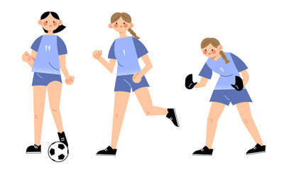 Fototapeta na wymiar Young girls football players in blue uniform playing football outdoors in team