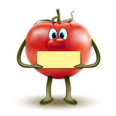 Cartoon red tomato clipart with a sign in hands on white background.