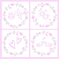 Vector set: templates of square wedding cards or invitations. Pastel pink colors romantic elements for decor with doves , engagement rings, hearts.