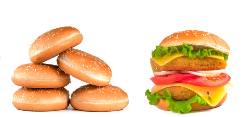 hamburger rolls and hamburger on a white background