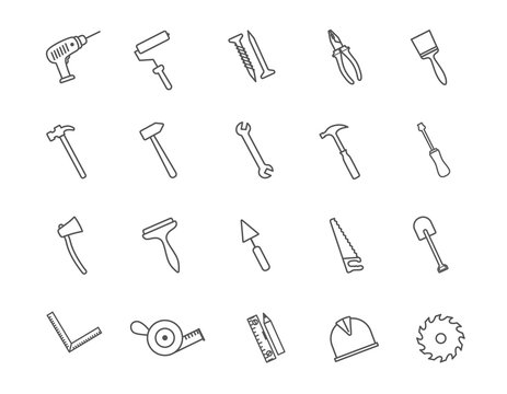 Large set of hardware or hand tools icons in black and white line drawings with assorted implements for building, carpentry, renovations or DIY