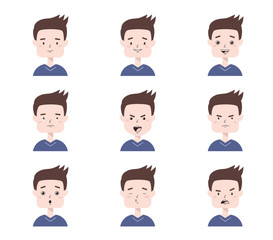 Set of boy facial emotions. Schoolboy avatars in different expressions