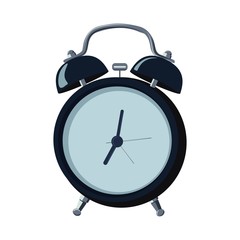 The clock alarm. The classic round. The arrows, of the Cup of the call, the hammer. Blue, black. Vector illustration of flat.