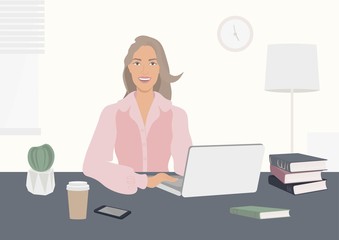 The girl is working on a laptop. Remote work at the computer. Online learning. Books on the table, coffee in a Cup, phone, cactus. In the background, a lamp, a window. Vector illustration of flat.