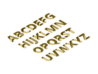 Hole font isometric design. Geometric three-dimensional text, letters of the latin alphabet in modern golden typographic style, graphic art inscription. Vector graphics.