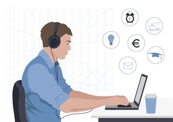 A man is working on a laptop. Remote work at the computer. Online learning. Business-process. Vector illustration of flat.