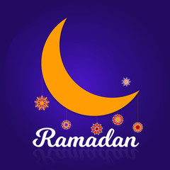 Obraz na płótnie Canvas Creative colourful crescent moon with hanging stars for Holy Month of Muslim Community, Ramadan Kareem celebration.