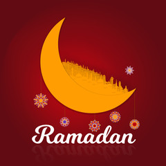 Creative colourful crescent moon with hanging stars for Holy Month of Muslim Community, Ramadan Kareem celebration.