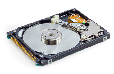 Opened laptop hard disk, side view, isolated on white background