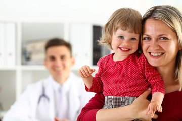 Little child with mother at pediatrician reception. Physical exam, cute infant portrait, baby aid, healthy lifestyle, ward round, child sickness, clinic test, high quality and trust concept