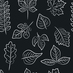 Dark vector seamless pattern with white contour leaves. Collection of hand drawn leaves for fabric, background, textile, wrapping paper and other decorations. Black-white vector illustration.