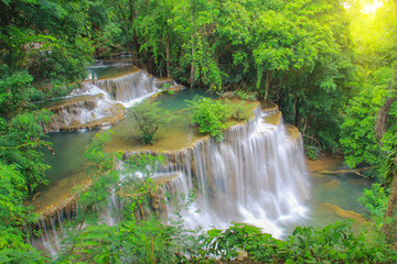 Naklejka na ściany i meble Huai Mae Khamin Waterfall, natural tourist attraction National Park on the Srinakarin Dam, Kanchanaburi, Thailand