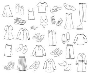 Fototapeta premium ファッションの手描きイラストのセット／靴／服／線画