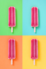 Strawberry popsicle collage on different colorful background