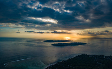 Gili Meno and Gili Trawangan at Sunset Bird's eye view