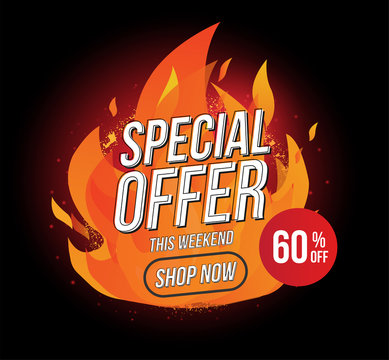 Hot sale fire burn special offer banner template vector labels designs concept up to 60 percent off promotion and shopping.End of season shop now.Vector illustration.