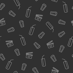 Fototapeta na wymiar Seamless pattern of cinema and cocktail line icons on black background
