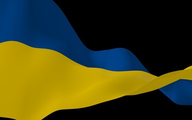 The flag of Ukraine on a dark background. National flag and state ensign. Blue and yellow bicolour. 3D illustration waving flag