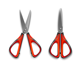 red stationery scissors open and closed isolated on white background