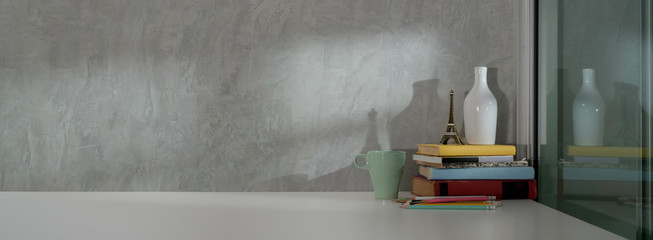 Close up view of simple home interior design with  books, decorations and copy space