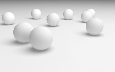 White abstract background. Set of white balls isolated on white backdrop. 3D illustration