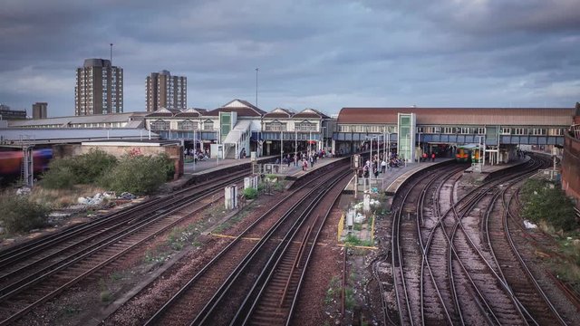 LONDON-  Time lapse of Clapham Junction railway station in south west London. A major railway hub.