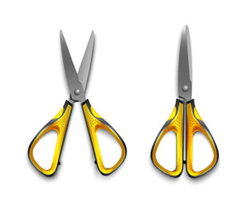 yellow stationery scissors open and closed isolated on white background
