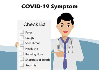 COVID-19 corona virus symptom check list. Young doctor man holding check list board of COVID-19 symptom. Idea for COVID-19 pandemic and awareness. Vector Illustration. Isolated on white background.