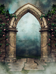 Foggy scene with a garden arch with blooming flowers and green vines. 3D render. © Obsidian Fantasy
