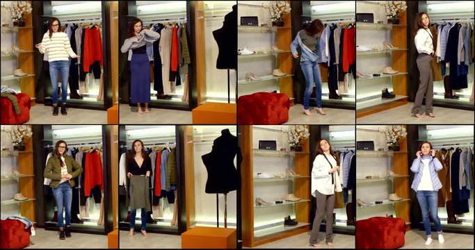 Collage shooting of a young girl who is in the dressing room and tries on different outfits: dresses, jeans, sweaters, sweatshirts, jackets. Behind her are racks of clothes and mannequins.
