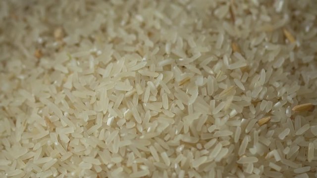 Close up of raw white rice seeds falling into the sake package at rice mill, ingredients food for background ideas concept, selective focus and free space for text.