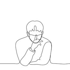Drawing of a man in mask leaning on his elbows, his right hand he covers his mouth, a pointing sticks out vertically from his fist. The concept of silence, keeping a secret, boycott. One continuous