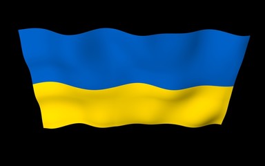 The flag of Ukraine on a dark background. National flag and state ensign. Blue and yellow bicolour. 3D illustration waving flag