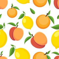 Seamless nectarine and lemon pattern on a white background. Bright fruit background