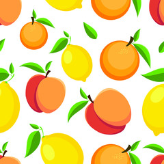 Seamless nectarine and lemon pattern on a white background. Bright fruit background