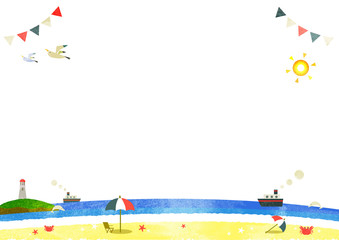 夏の海辺　　フレーム　水彩風テクスチャ