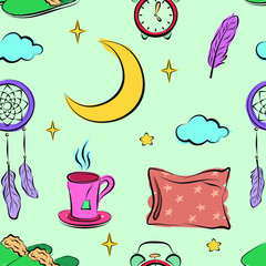 Seamless hand-drawn background with decorative elements. A collection of sleep symbols for fabric, baby clothes, background, textile, wrapping paper and other decorations. Colorful vector illustration