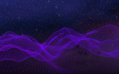 Abstract ultraviolet landscape on a dark background. Purple cyberspace grid. hi tech network. Outer space. Violet starry outer space texture. 3D illustration
