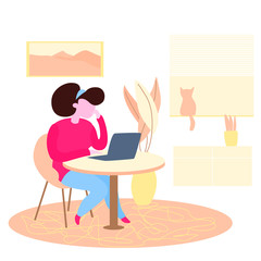 Woman working at home sitting with laptop, freelance or stydying concept, flat style, vector illustration