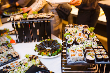 Different rolls background. Traditional sushi. Delicious japanese food.